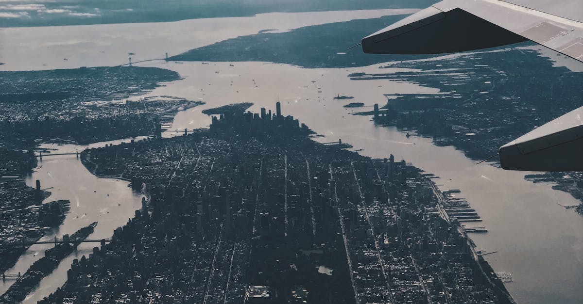Breathtaking aerial view of Manhattan and Central Park from an airplane window.